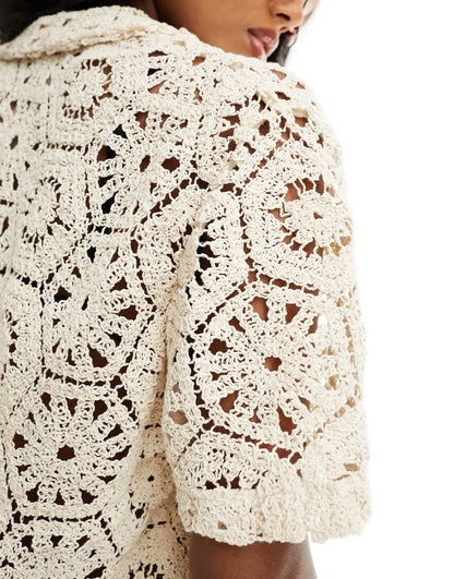 South Beach crochet beach shirt co-ord in cream