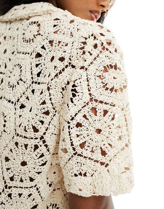 South Beach crochet beach shirt co-ord in cream
