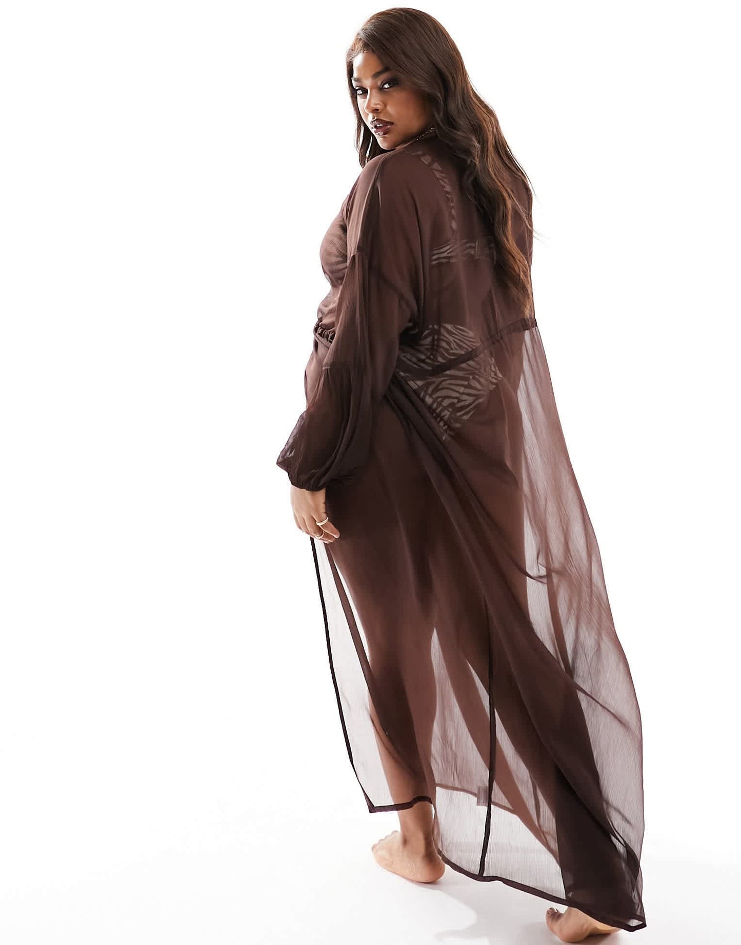 South Beach Curve long sleeve maxi beach kimono in brown