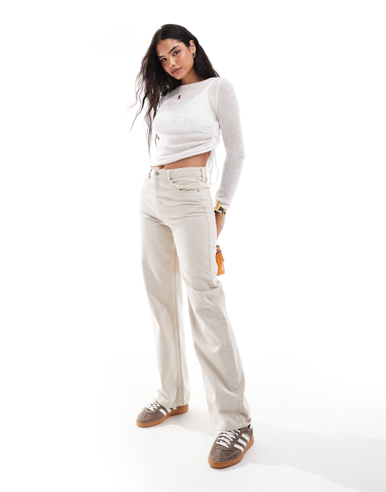Pull&Bear fine knit ruched long sleeved top in white