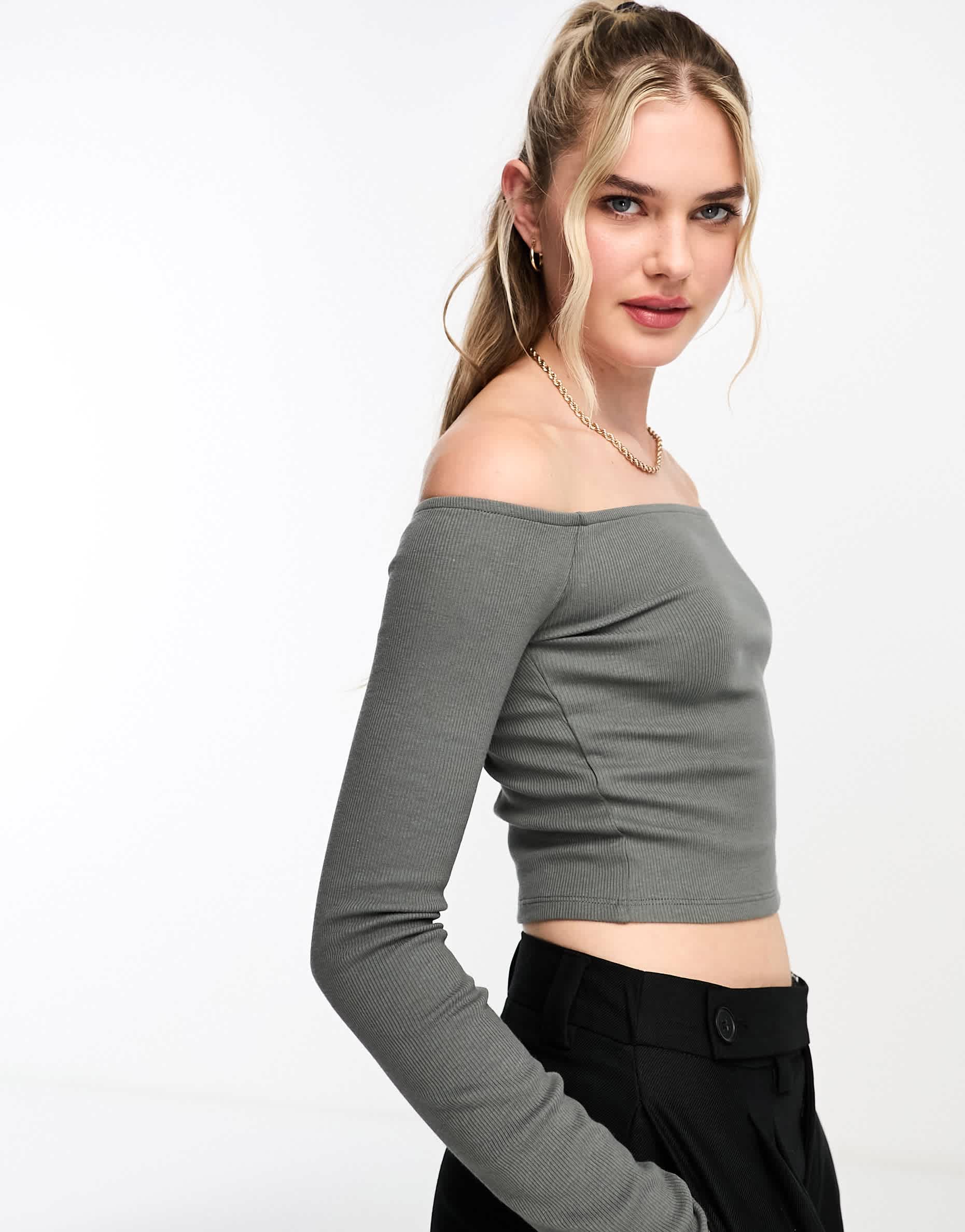 Pull&Bear long sleeved ribbed bardot top in dark grey