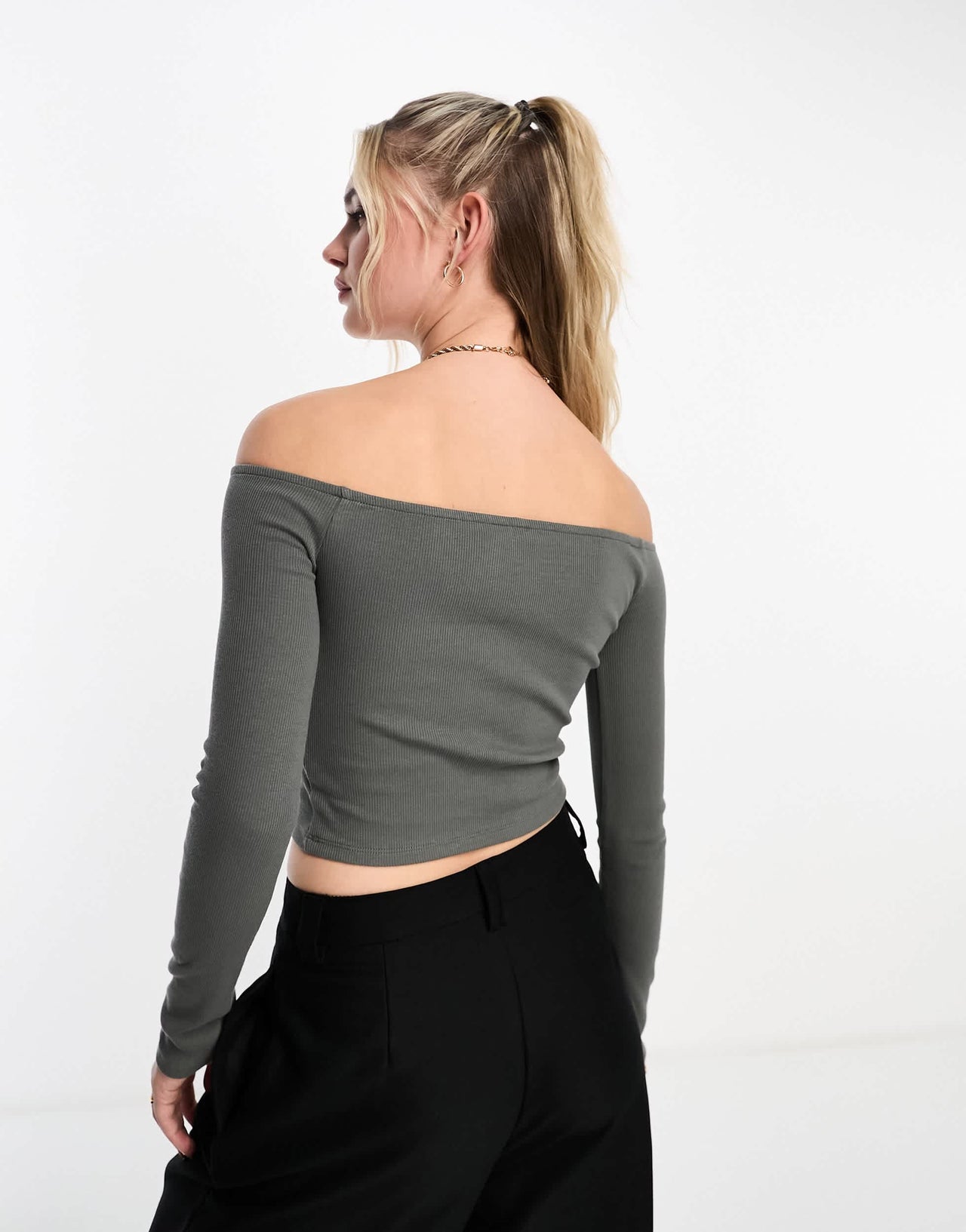 Pull&Bear long sleeved ribbed bardot top in dark grey