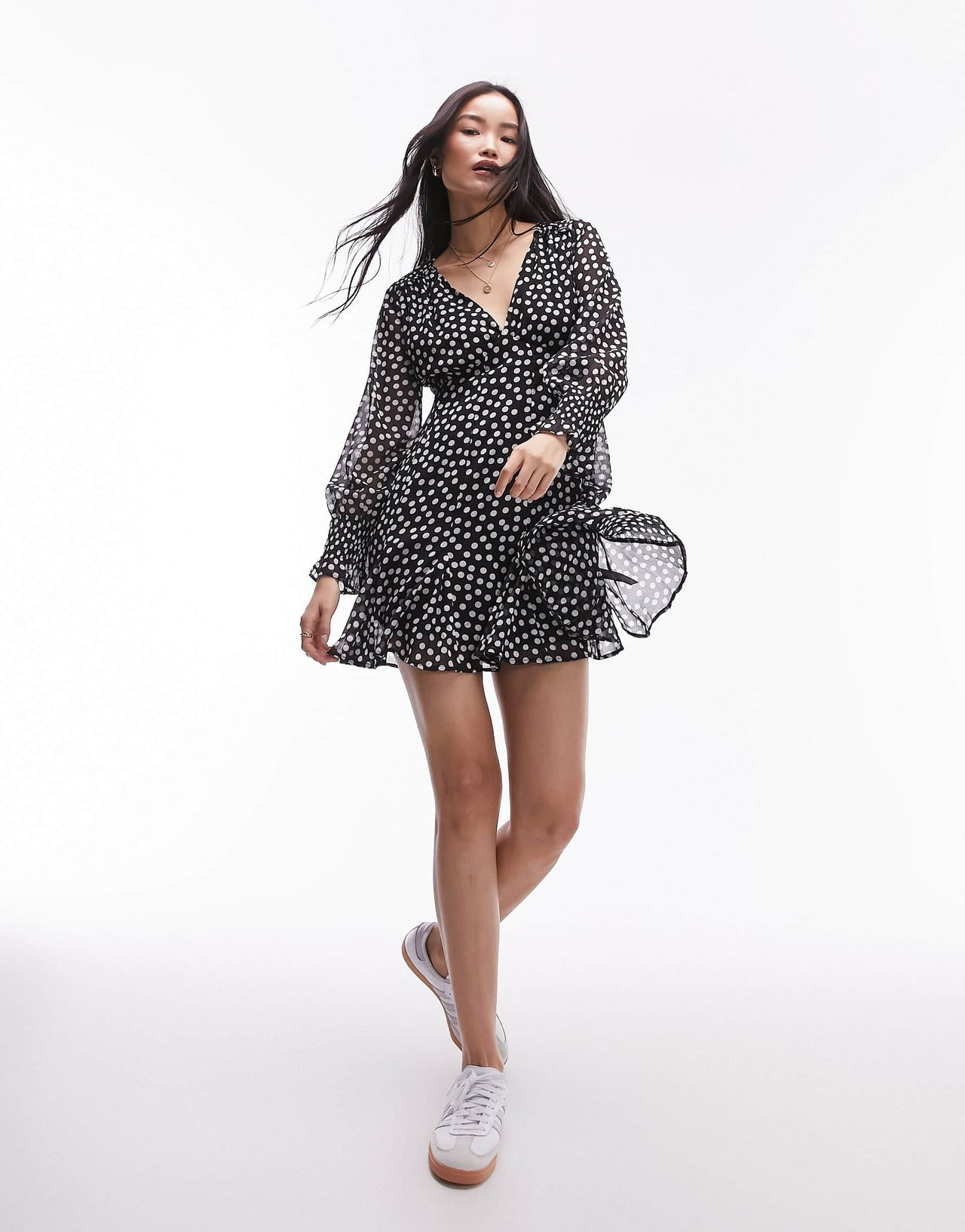 Topshop long sleeve godet mini tea dress in mono spot