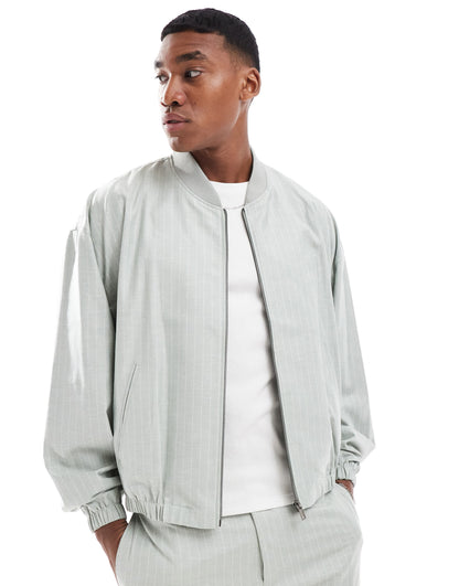ASOS DESIGN smart co-ord 80s bomber jacket in linen stripe