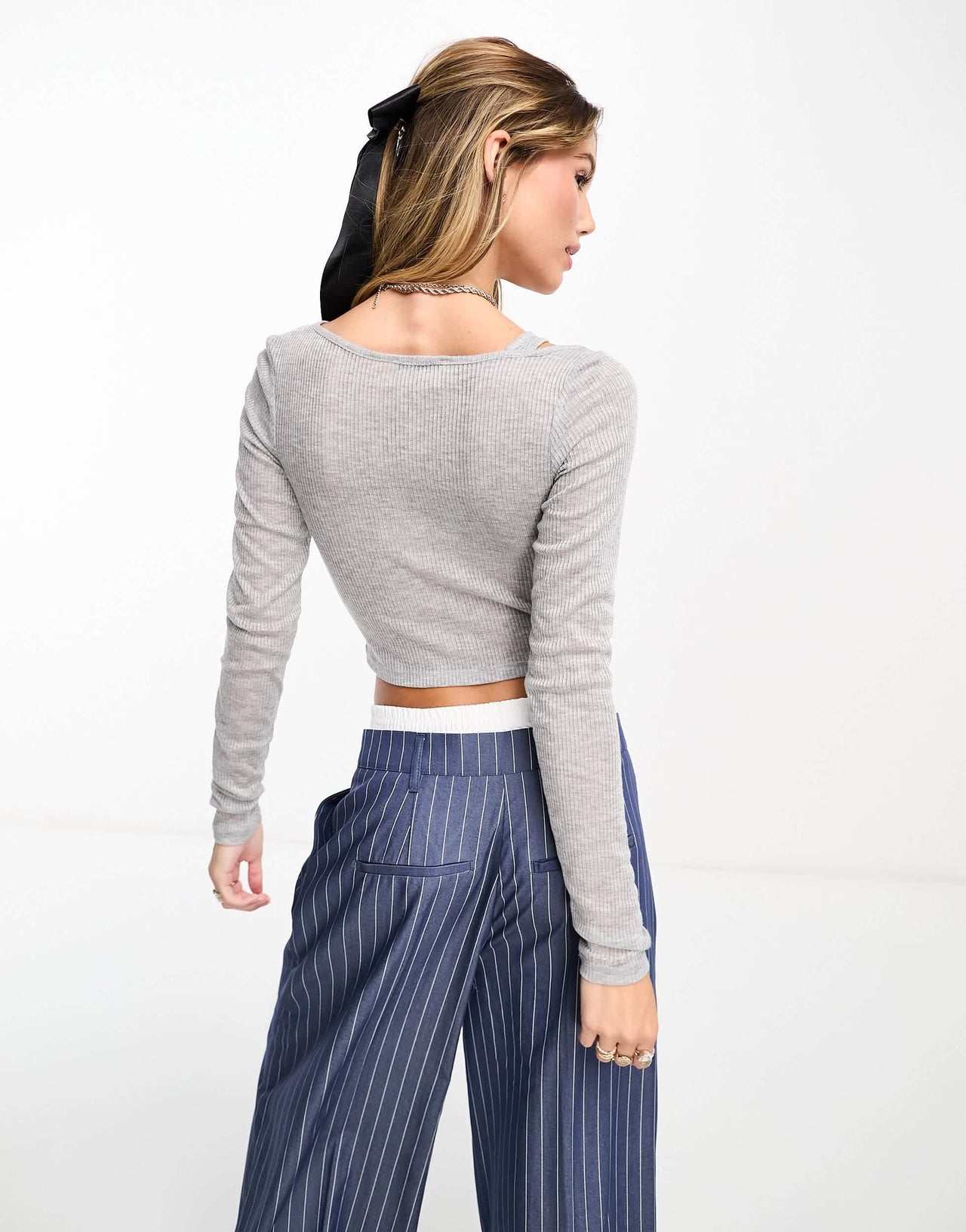 Bershka ribbed twist front shrug top in pale grey