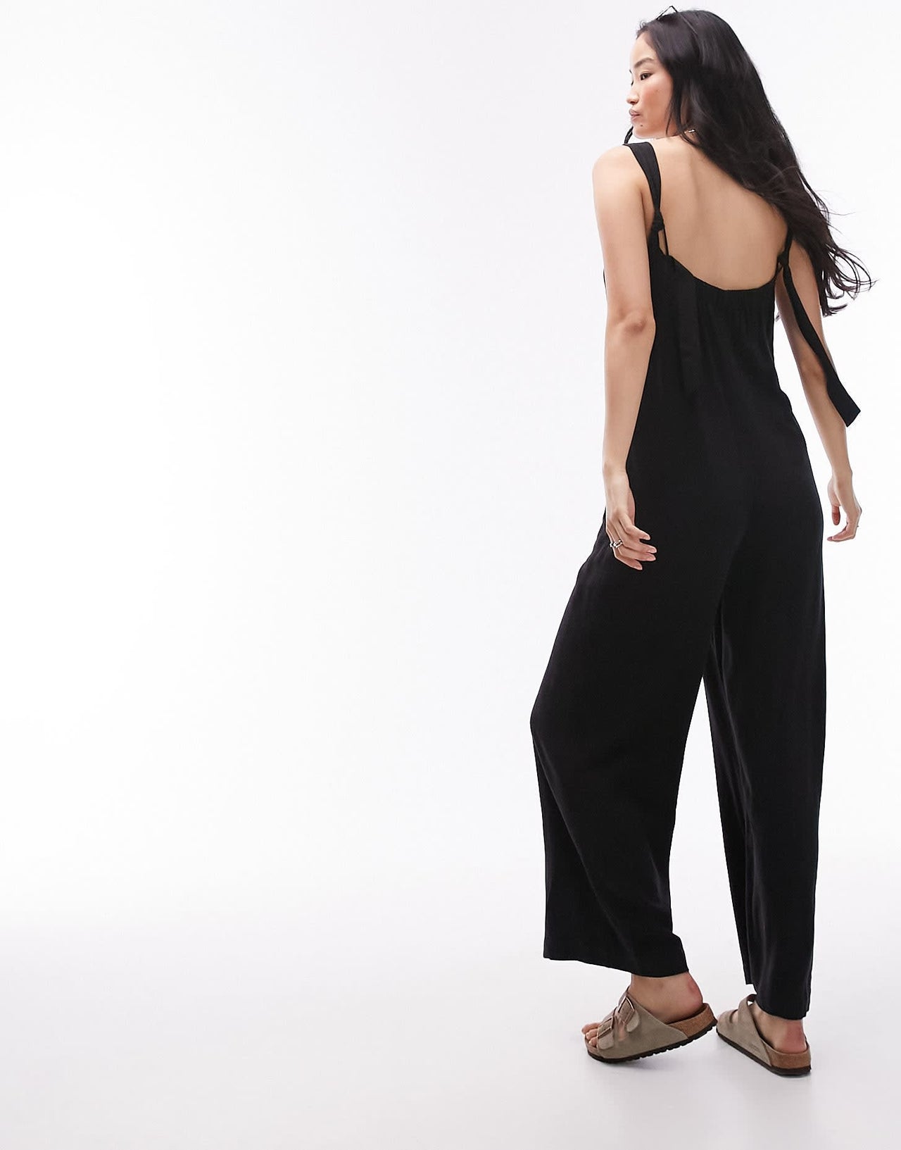 Topshop v neck button down knotted strap jumpsuit in black