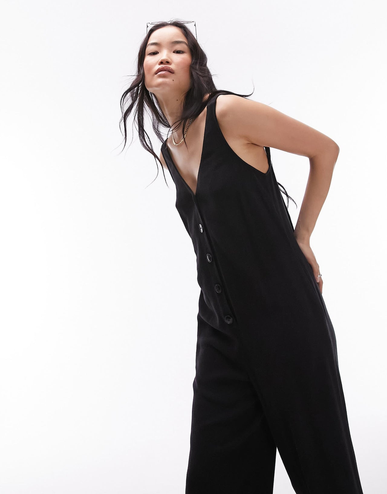 Topshop v neck button down knotted strap jumpsuit in black
