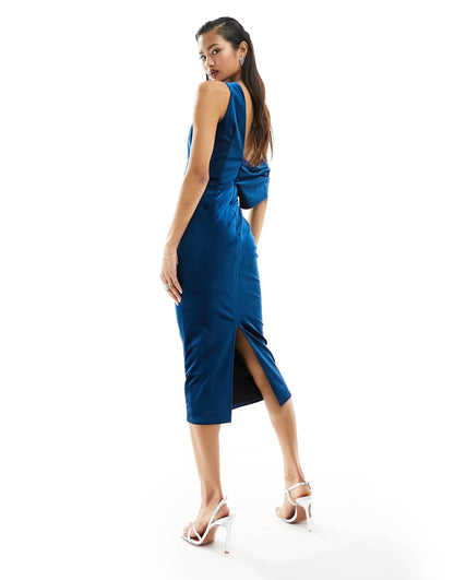 ASOS DESIGN velvet fallen shoulder pleat back midi dress in deep teal