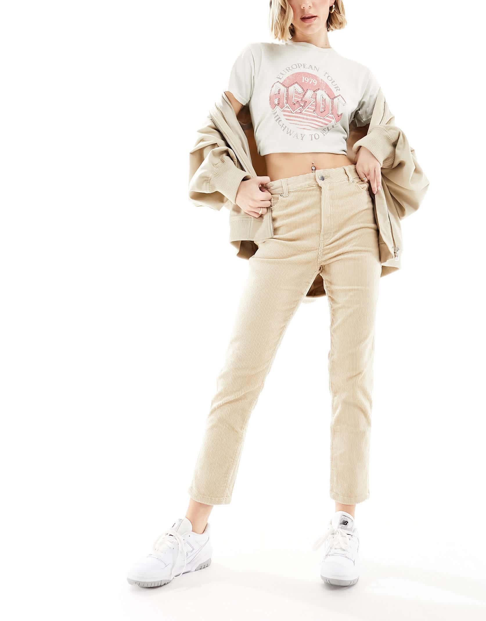Monki corduroy high waisted cropped trousers in sand