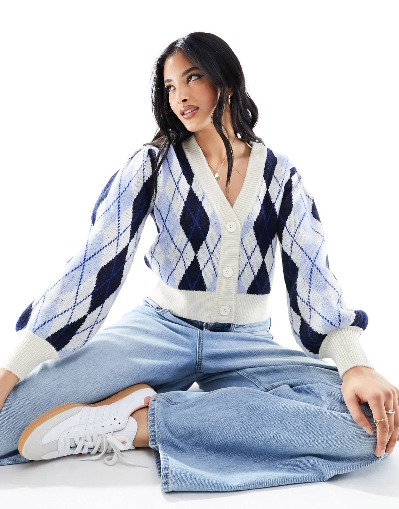 Monki soft knit cardigan in blue argyle check