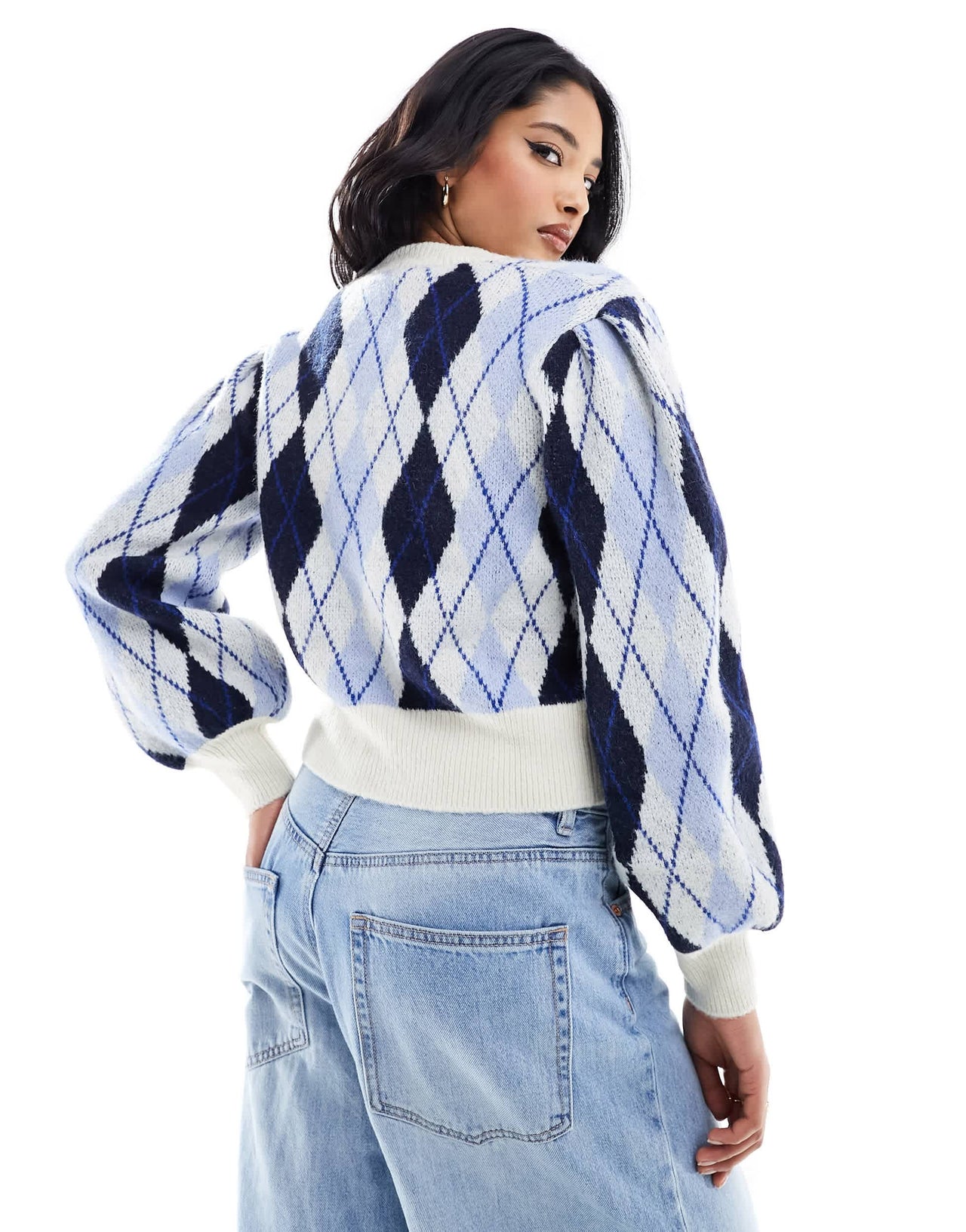 Monki soft knit cardigan in blue argyle check