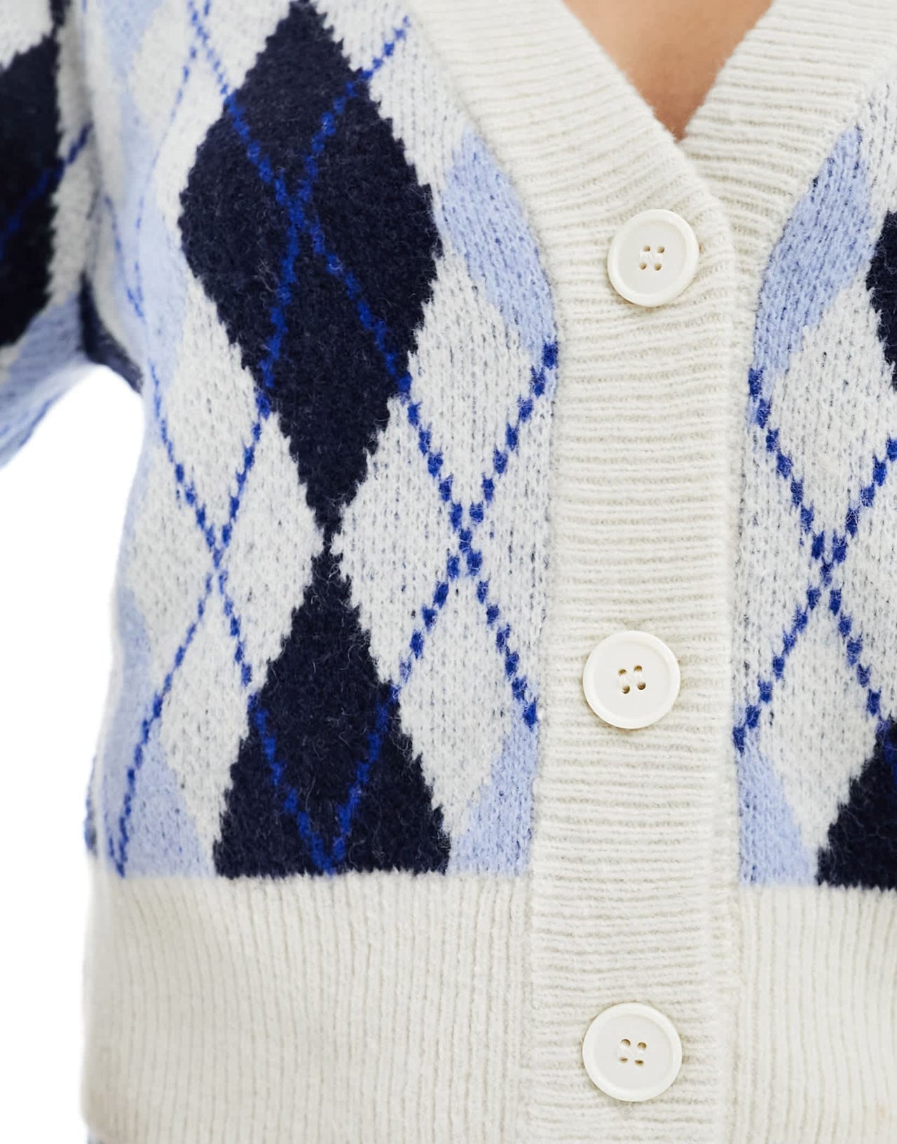 Monki soft knit cardigan in blue argyle check