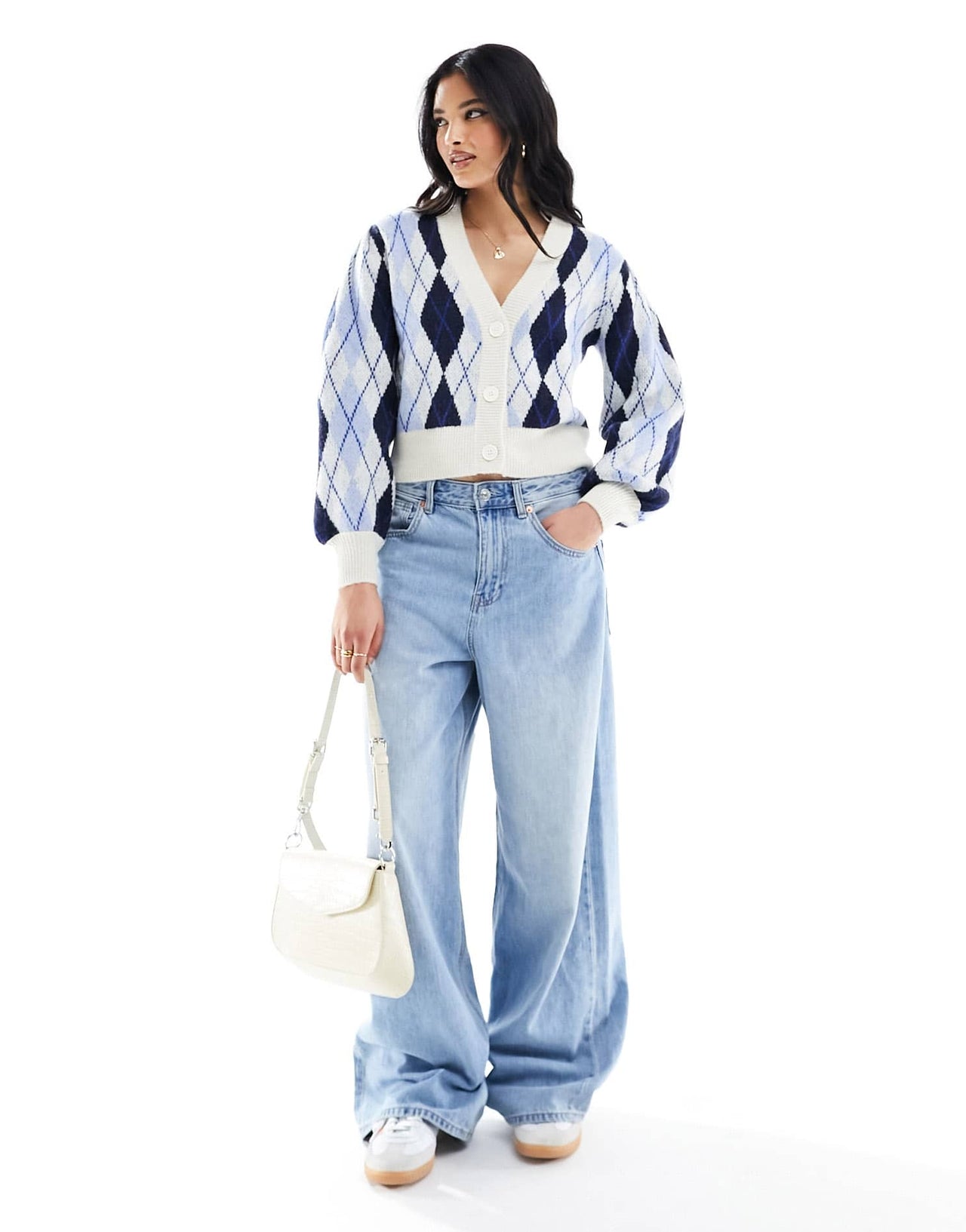 Monki soft knit cardigan in blue argyle check