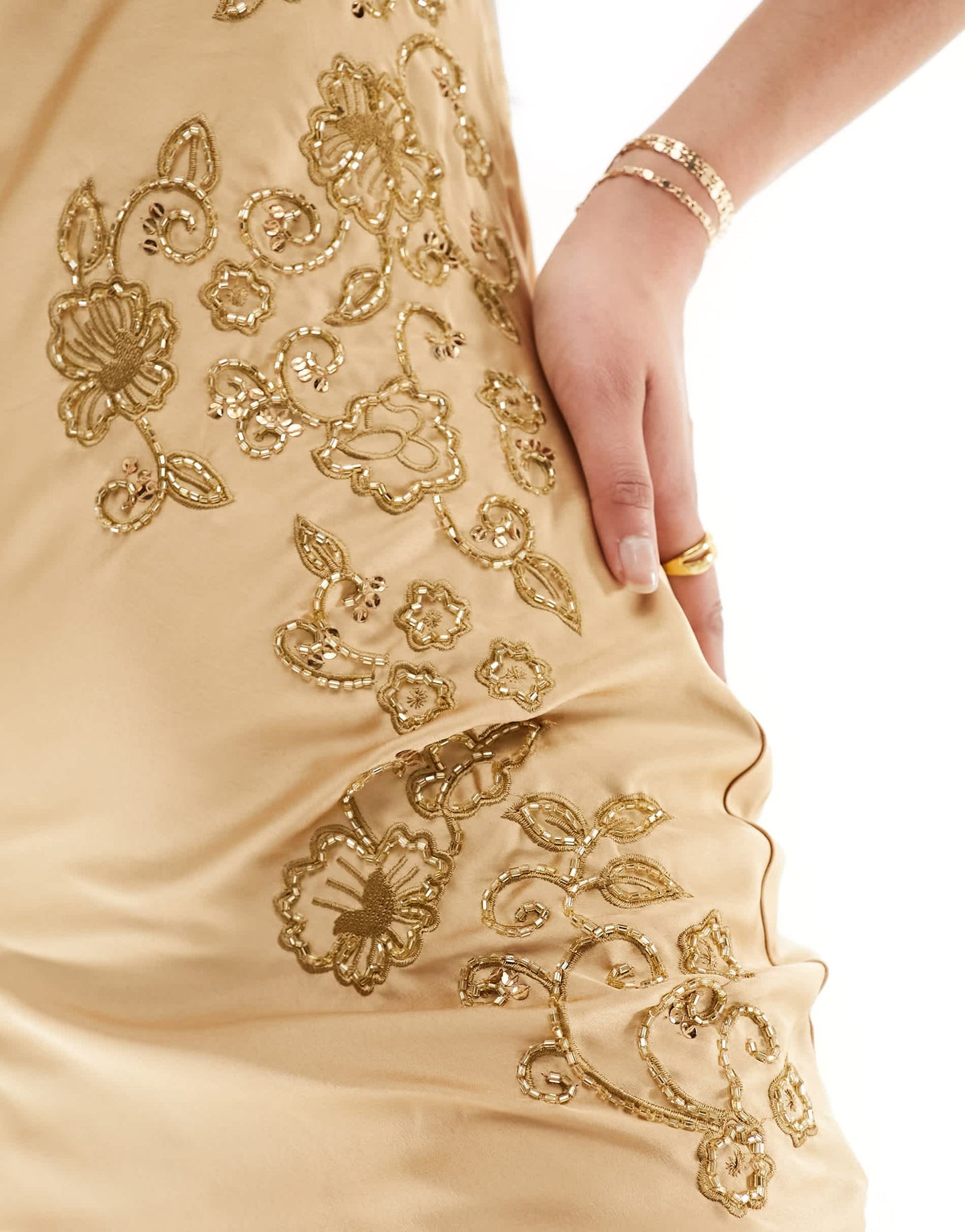 Starlet embellished satin maxi dress with lace up back in gold