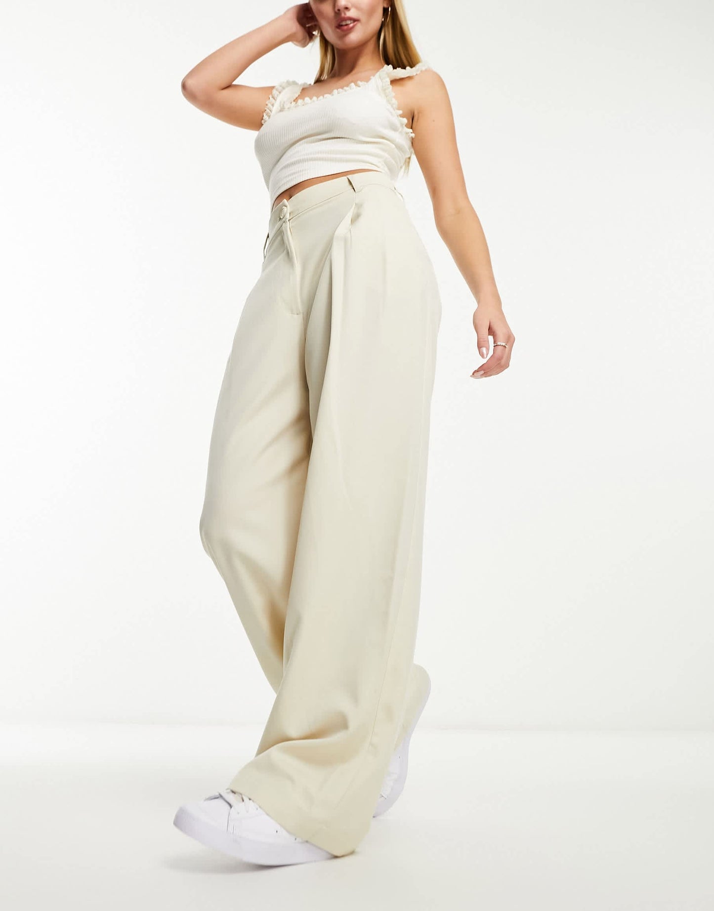 Monki high waist wide leg tailored trousers in beige