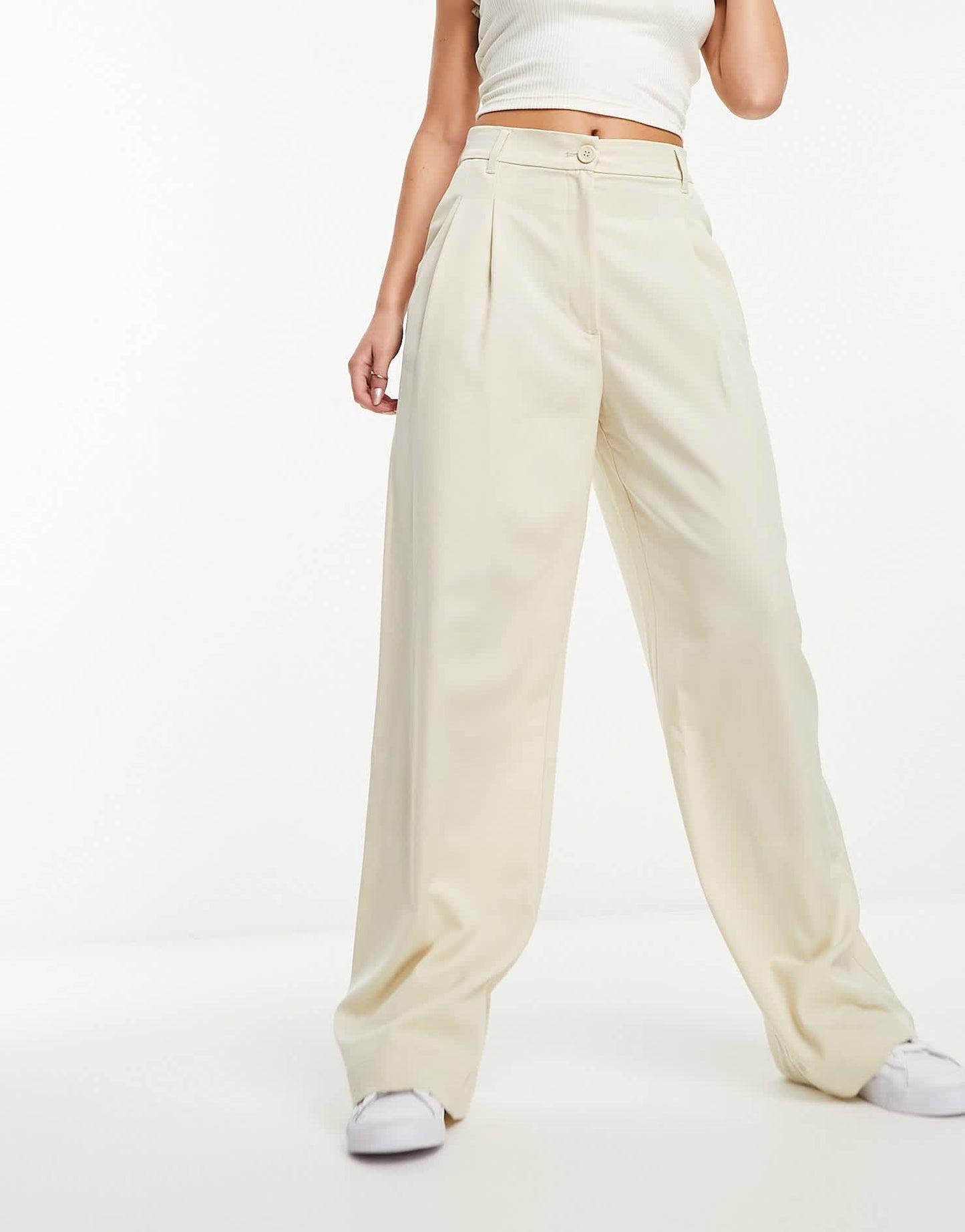 Monki high waist wide leg tailored trousers in beige