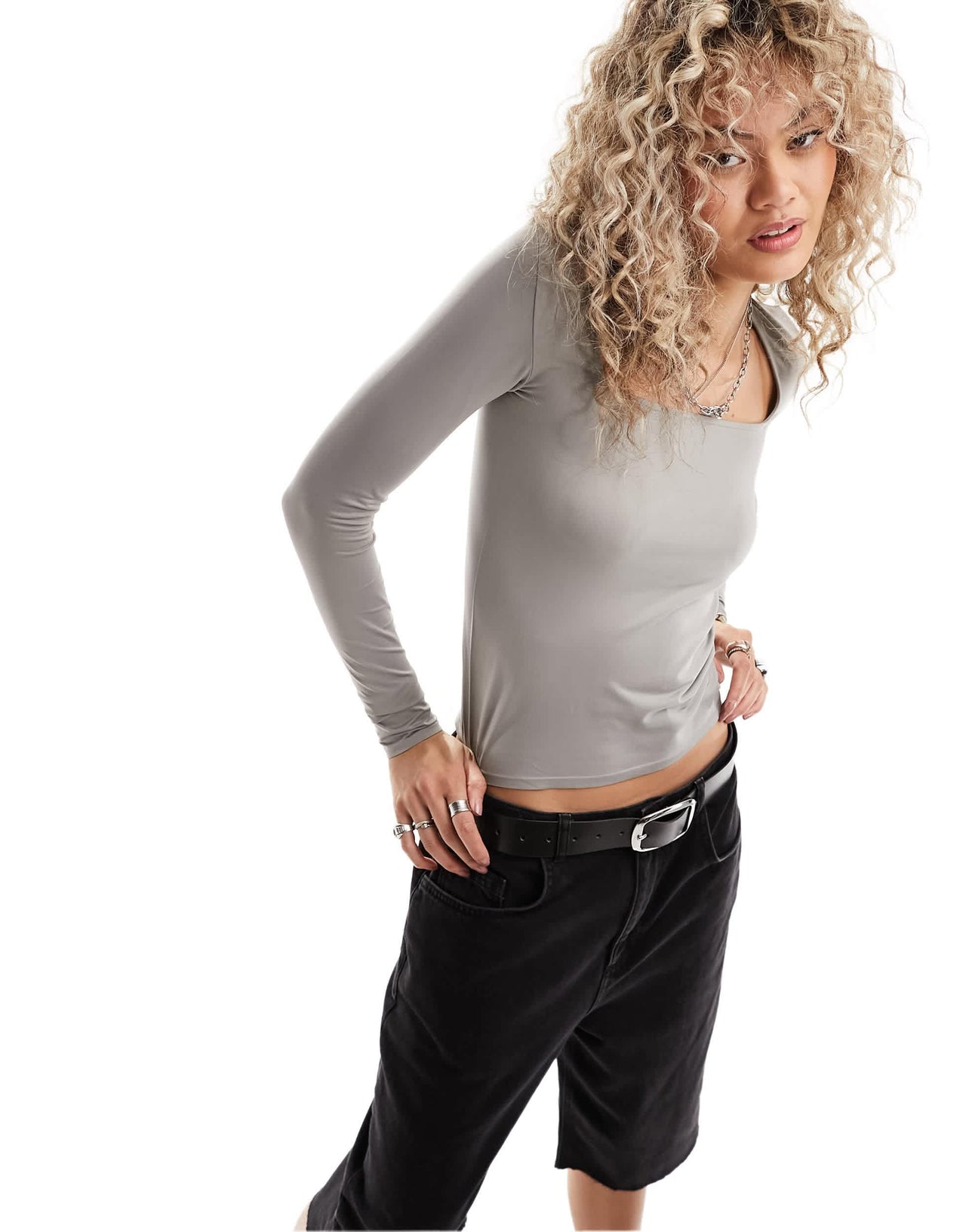 Weekday square neck long sleeve top in grey