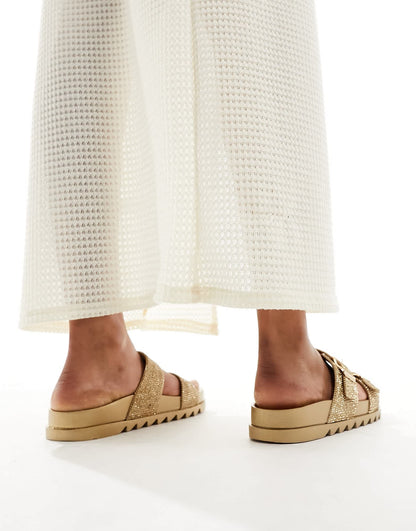 Glamorous rhinestone double strap slides in gold