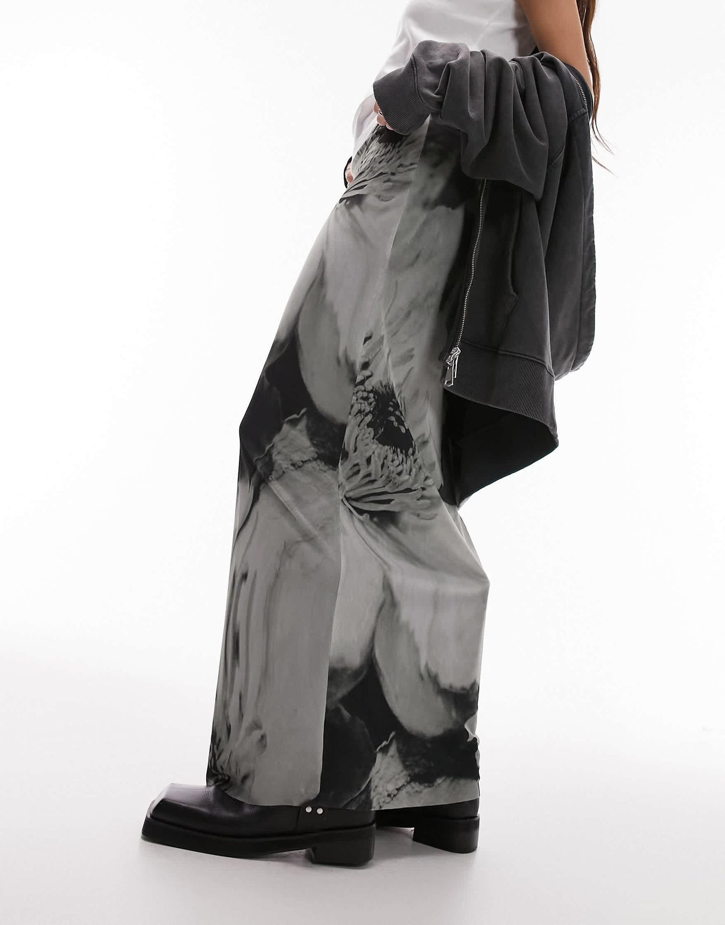 Topshop jersey mesh maxi skirt in grey floral swirl