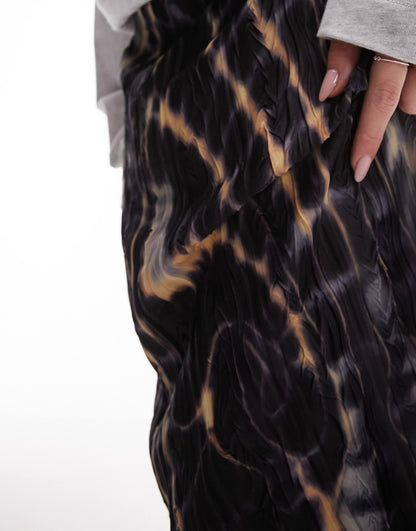 Topshop tie-dye plisse midi skirt in dark blue and gold