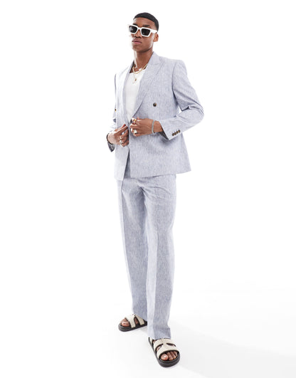 ASOS DESIGN wide suit trouser in blue linen stripe