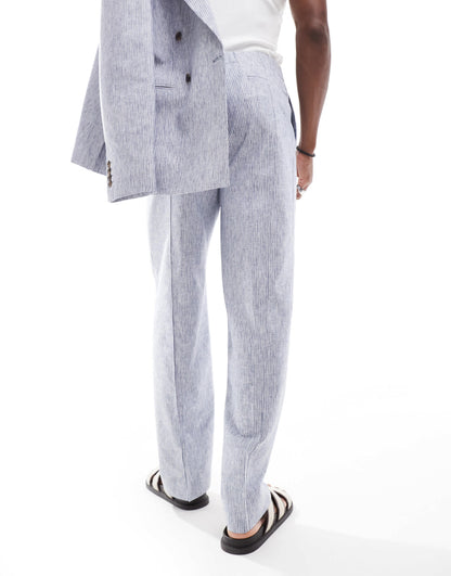 ASOS DESIGN wide suit trouser in blue linen stripe