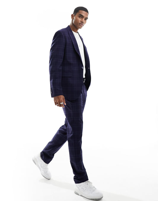 ASOS DESIGN slim shadow check suit trouser in navy