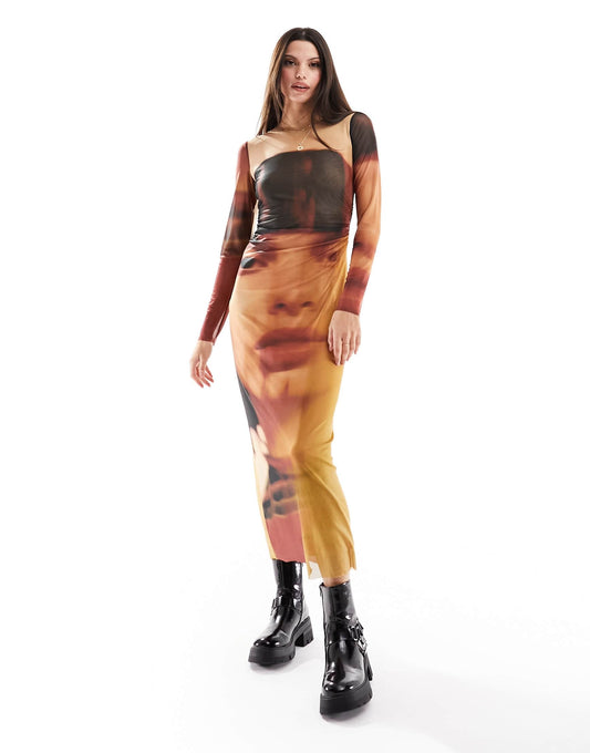 Stradivarius mesh maxi dress in graphic face print