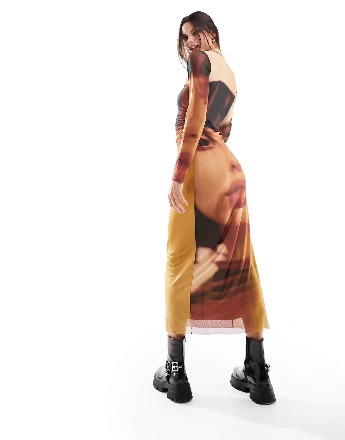 Stradivarius mesh maxi dress in graphic face print