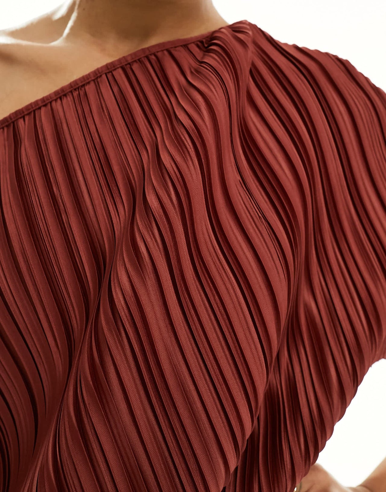 ASOS DESIGN Tall plisse fallen shoulder midi dress in rust