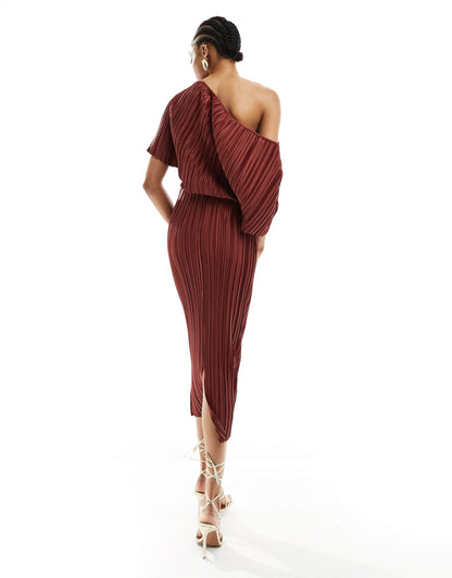 ASOS DESIGN Tall plisse fallen shoulder midi dress in rust