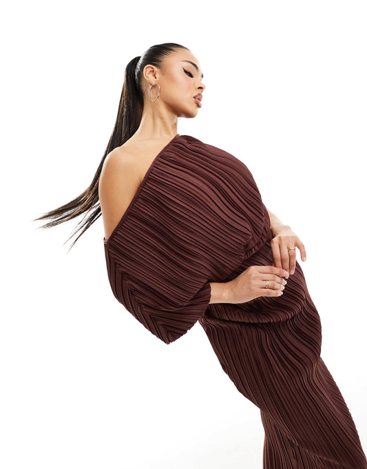 ASOS DESIGN plisse fallen shoulder midi dress in chocolate