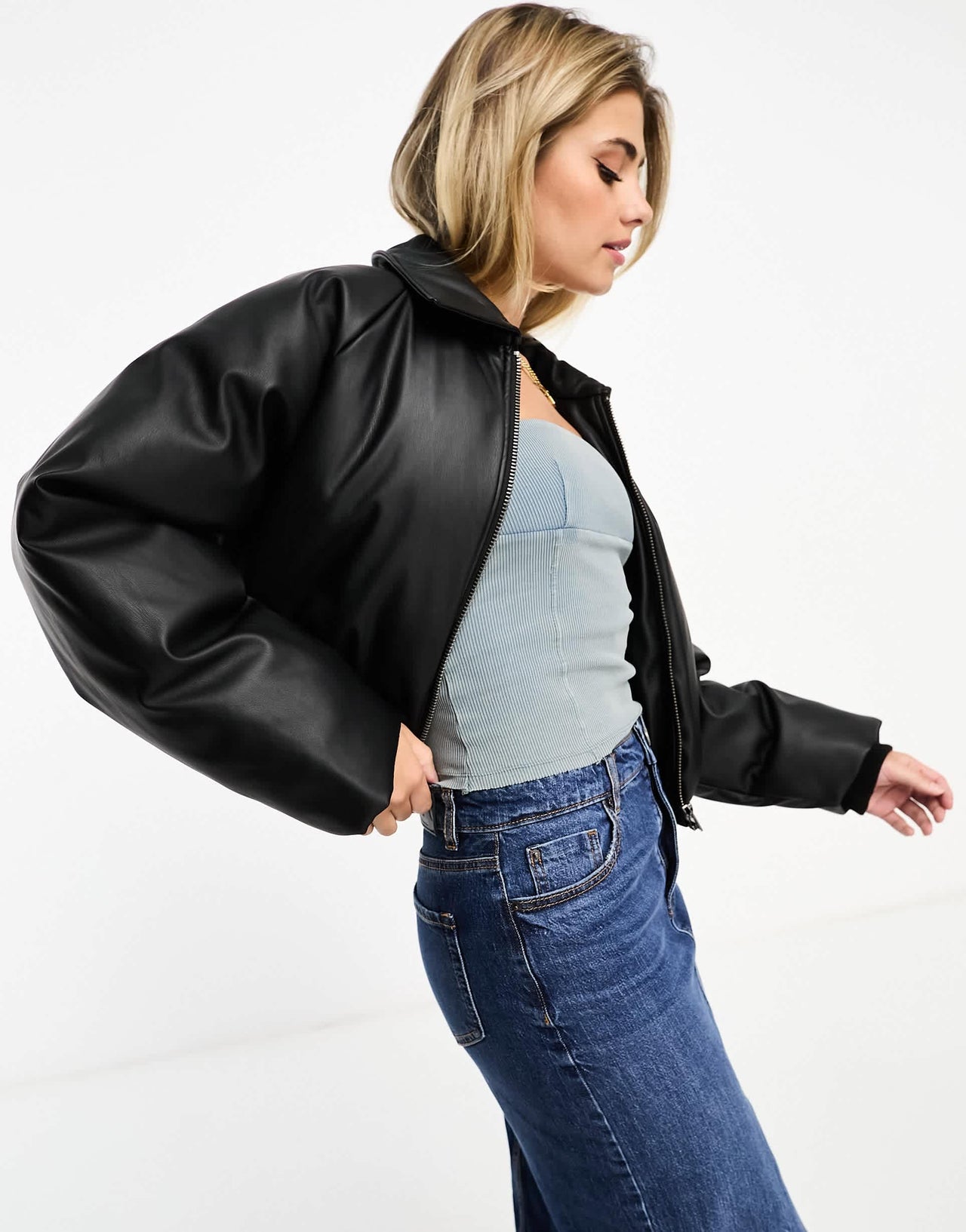 Pull&Bear ultra padded crop Dad jacket in black