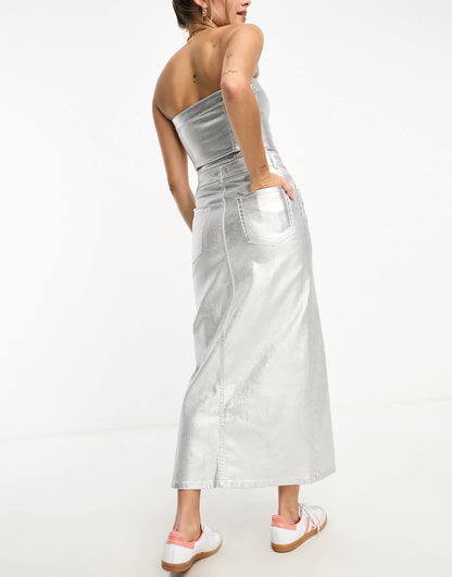 Pull&Bear metallic denim split midi skirt co-ord in silver