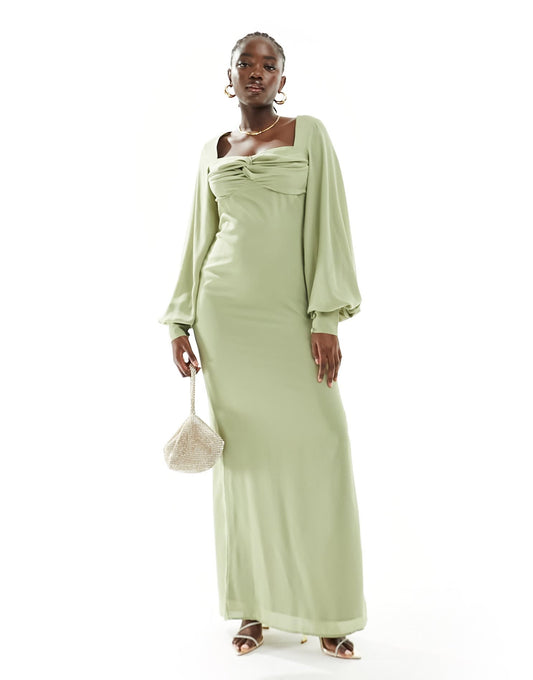 Pretty Lavish Bridesmaid balloon sleeve maxi dress in olive