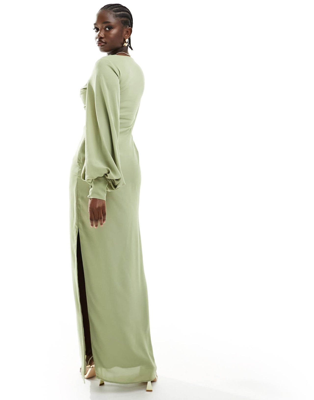 Pretty Lavish Bridesmaid balloon sleeve maxi dress in olive