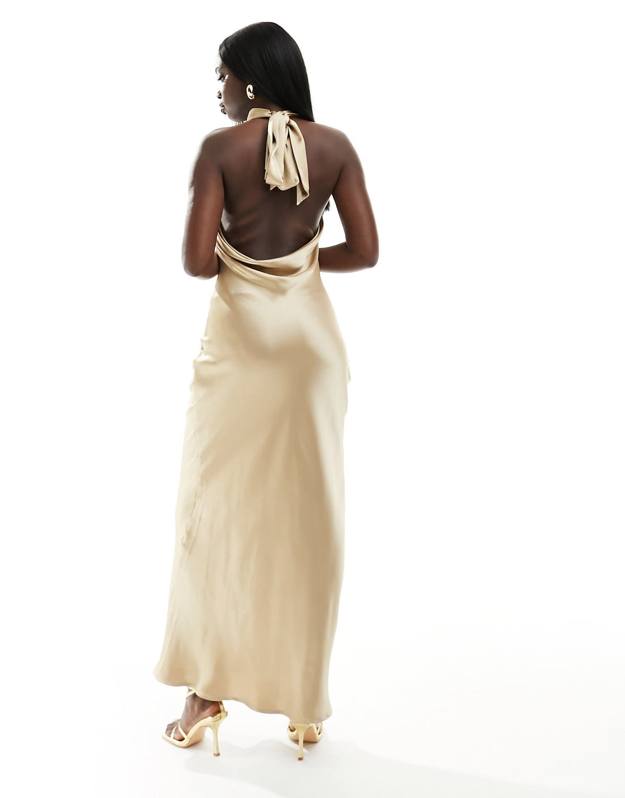 Pretty Lavish Bridesmaid Raleigh backless satin maxi dress in matte gold