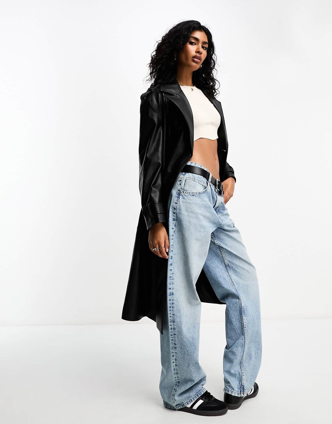 Bershka faux leather trench coat in black