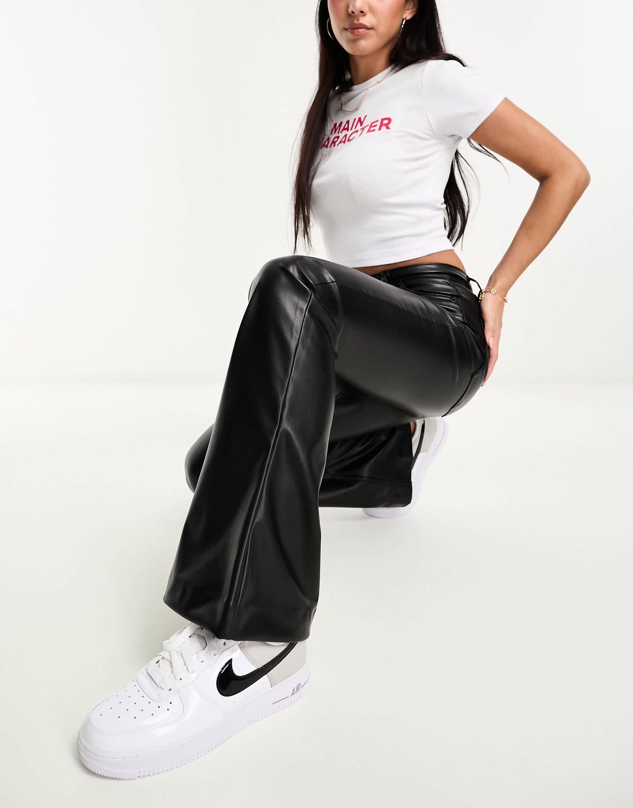 Pull&Bear high waisted faux leather flared trouser in black