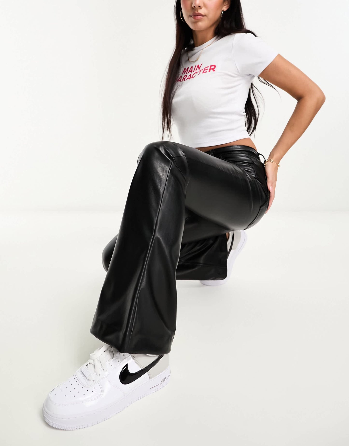 Pull&Bear high waisted faux leather flared trouser in black