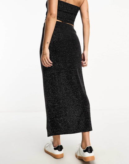 Pull&Bear glitter slinky maxi skirt co-ord in black