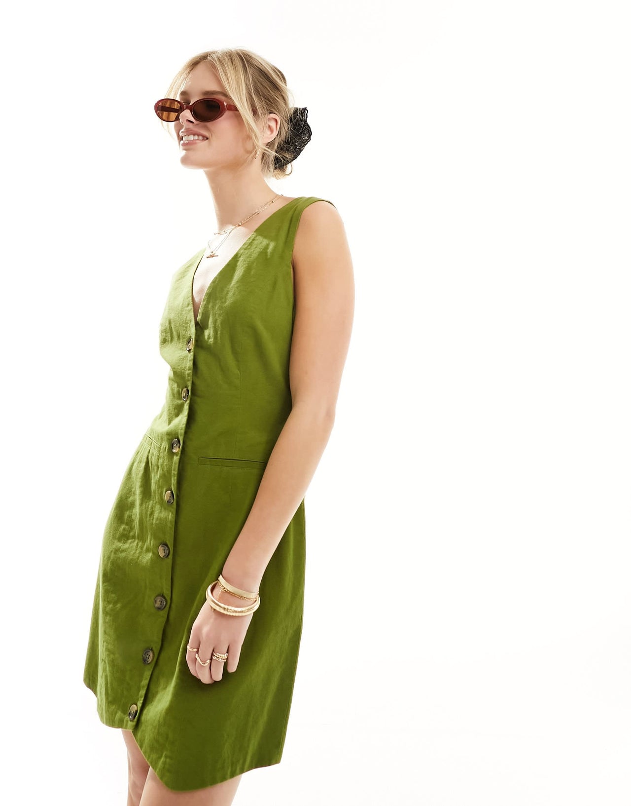 ASOS DESIGN Mini button through linen waistcoat dress in khaki