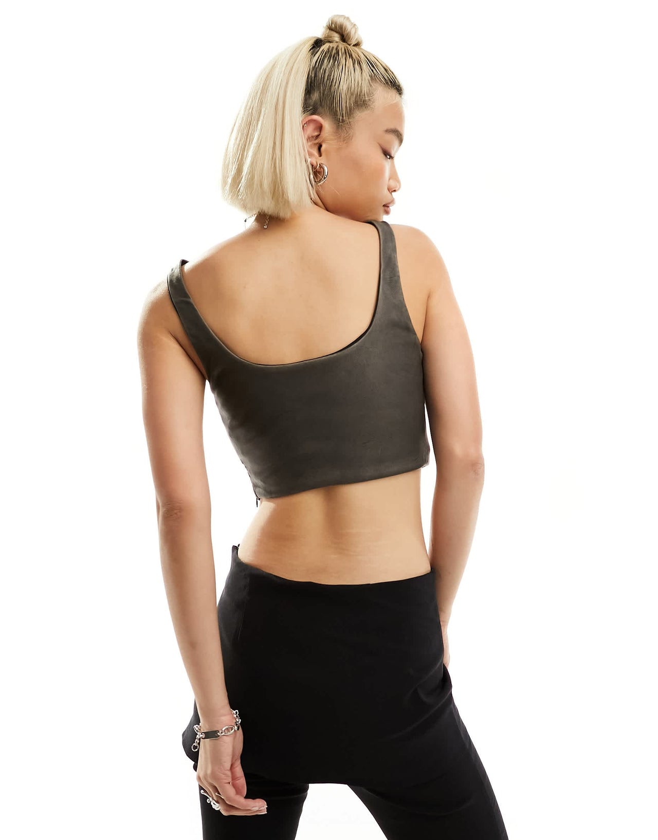 Stradivarius faux leather corset top in black