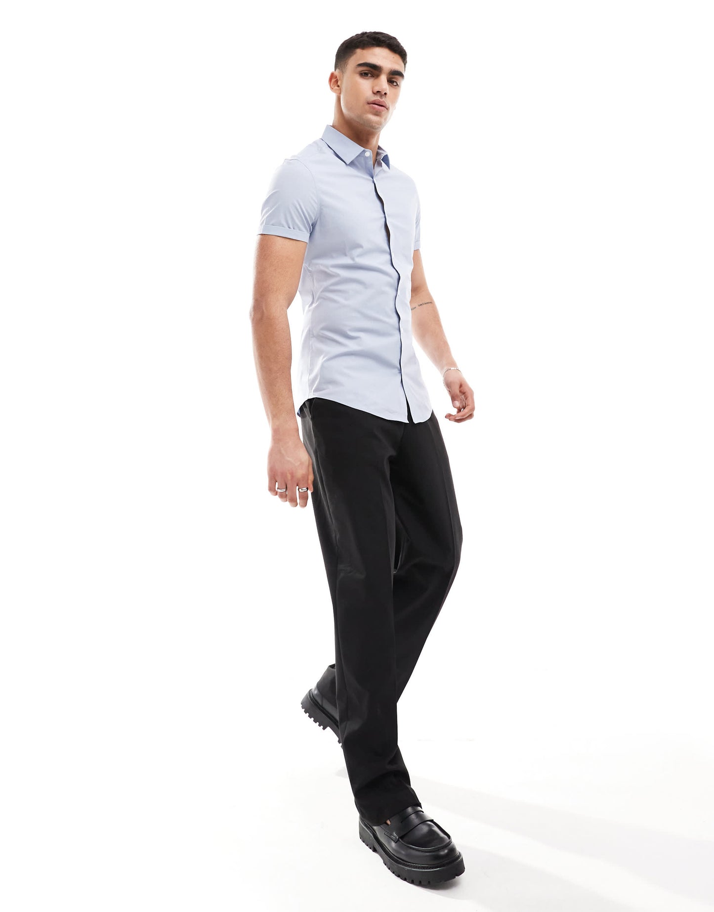 ASOS DESIGN skinny fit shirt with roll sleeves in light blue