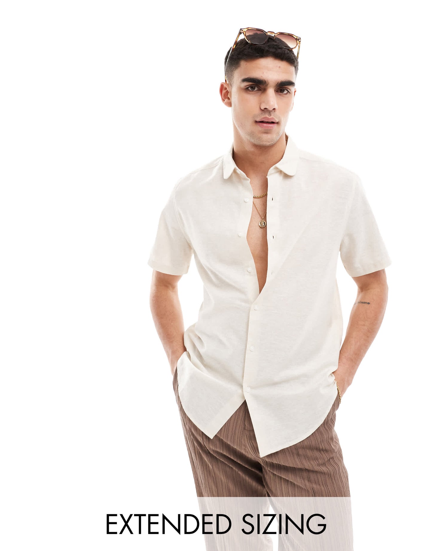 ASOS DESIGN smart linen regular shirt with penny collar in ecru