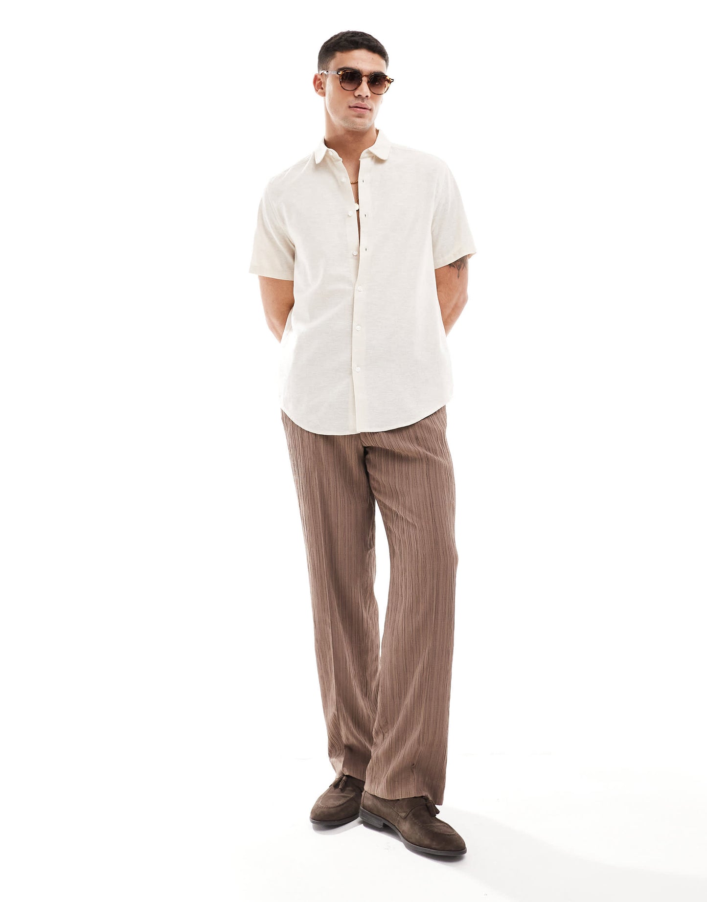 ASOS DESIGN smart linen regular shirt with penny collar in ecru