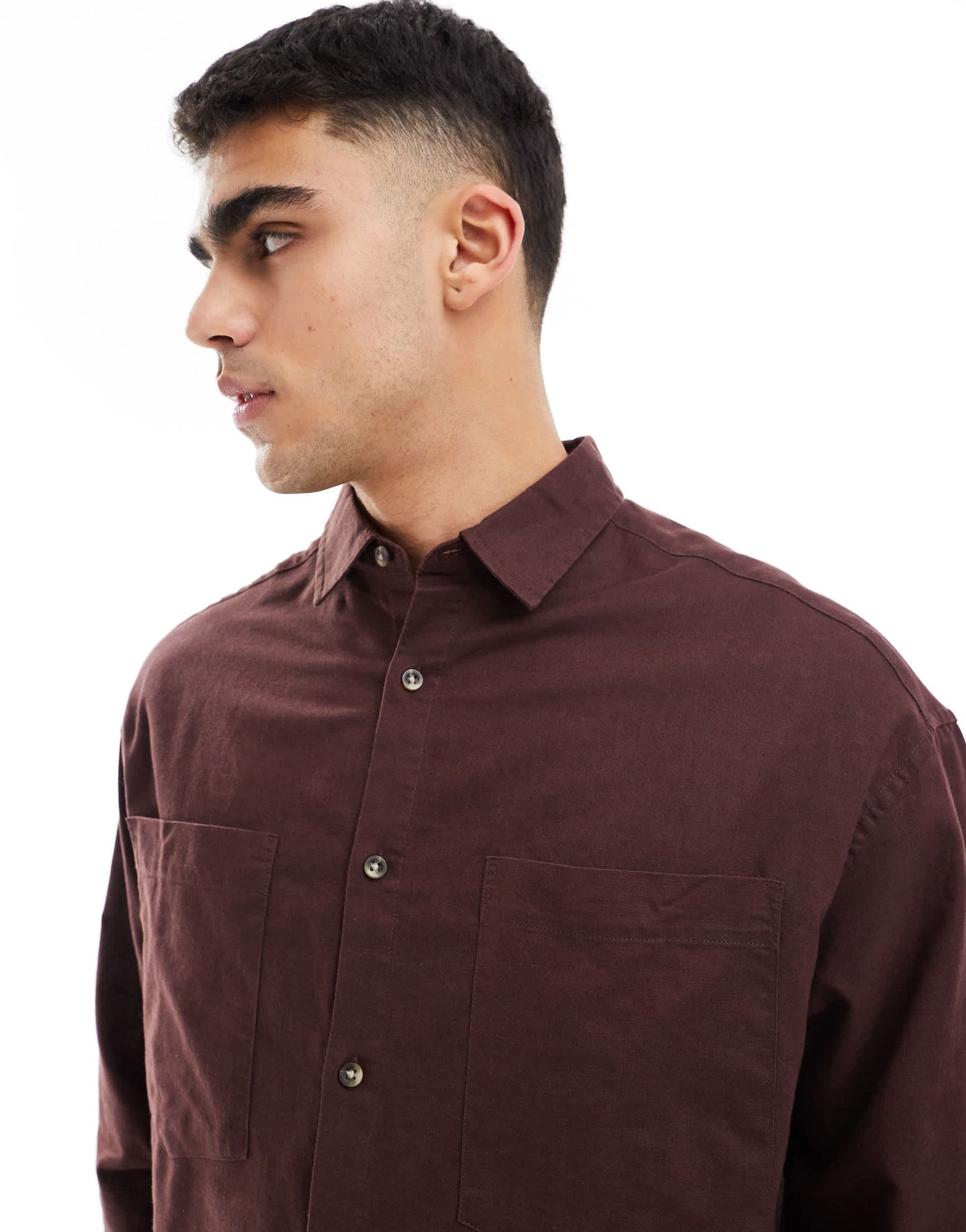ASOS DESIGN 90s oversized linen blend shirt with square collar in brown
