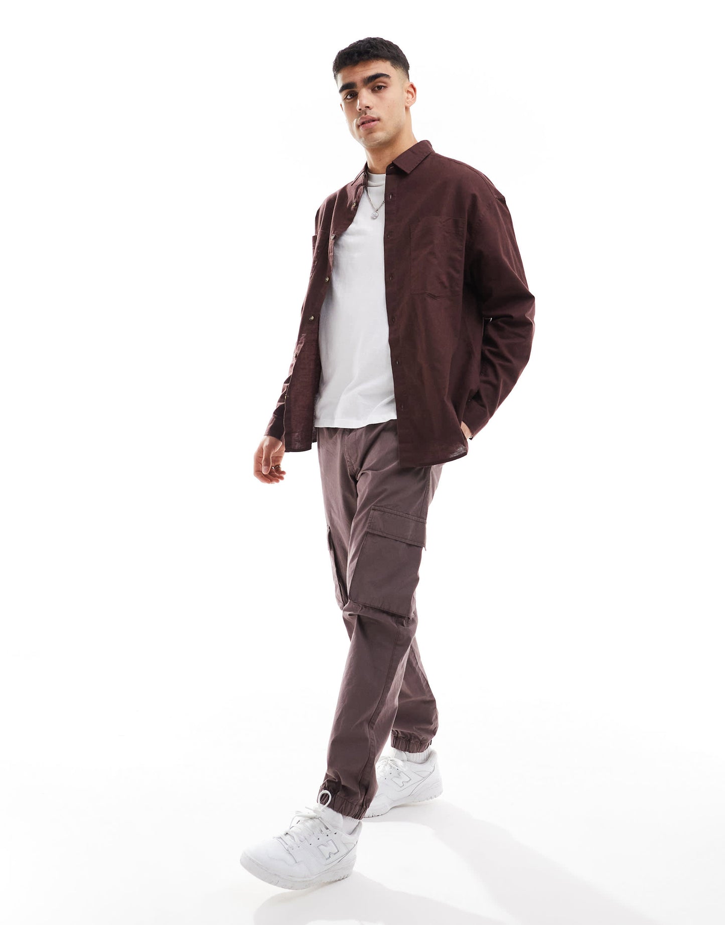 ASOS DESIGN 90s oversized linen blend shirt with square collar in brown