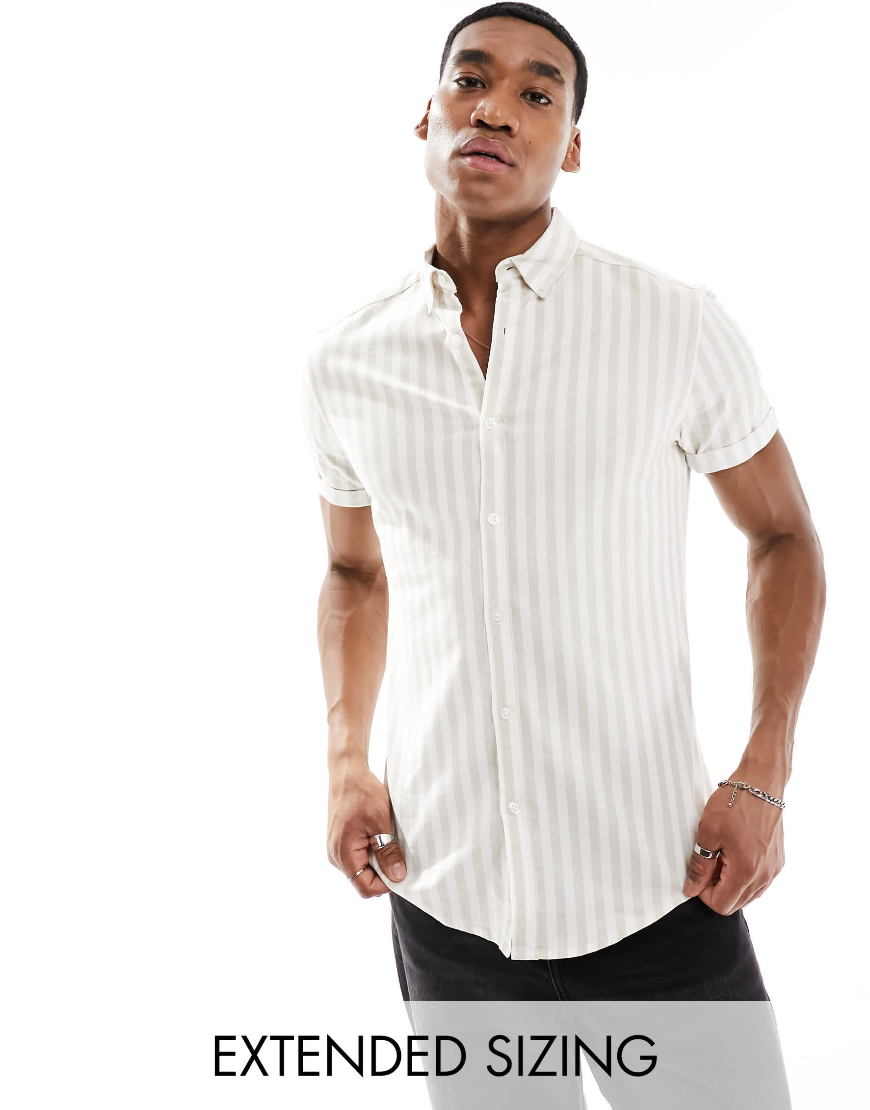 ASOS DESIGN stretch slim oxford stripe shirt in stone