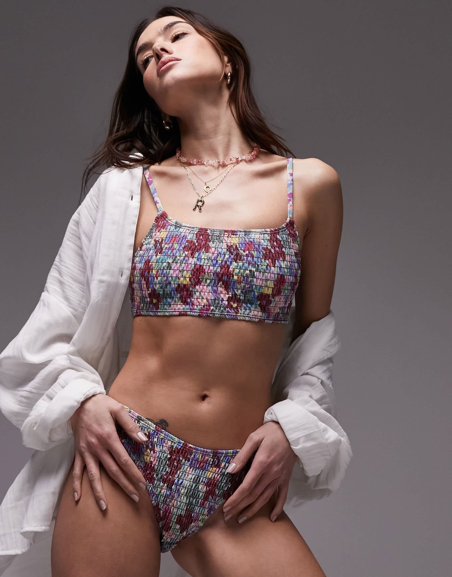 Topshop mix and match shirred square neck cami bikini top in blurred floral print